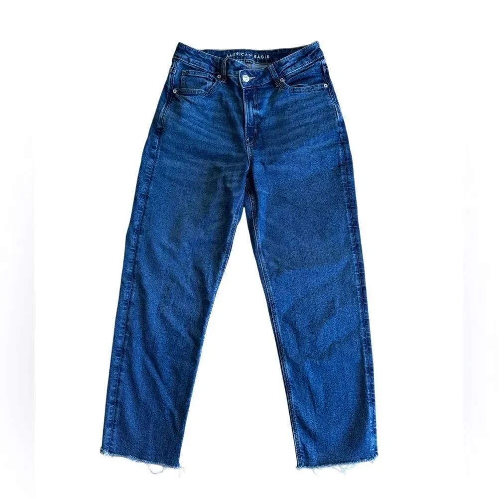 American Eagle Women's Stretch Mom Straight Jean Raw Hem Denim Pants Size 8